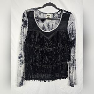 Vocal USA Studded Sheer Fringe Cowgirl Rodeo Hippie Long Sleeve Top sz L